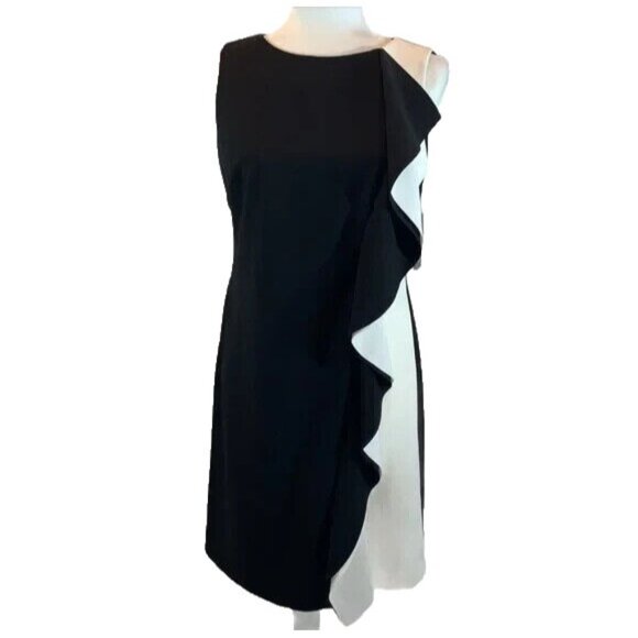 Ralph Lauren Size 14P Black Ivory Sleeveless Ruffle Front Knee Length Dress New - Picture 3 of 3